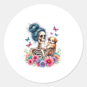 Sticker Rond Messy Bun Skeleton mignon Amoureux de les chiens c
