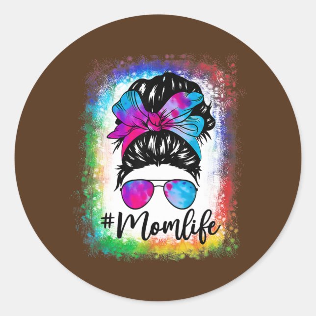 Sticker Rond Messy Hair Bun Maman Vie Tie Dye Fête des mères Fe (Devant)