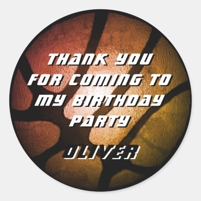 Sticker Rond Metallo Orange Basketball Ball Merci Anniversaire (Devant)