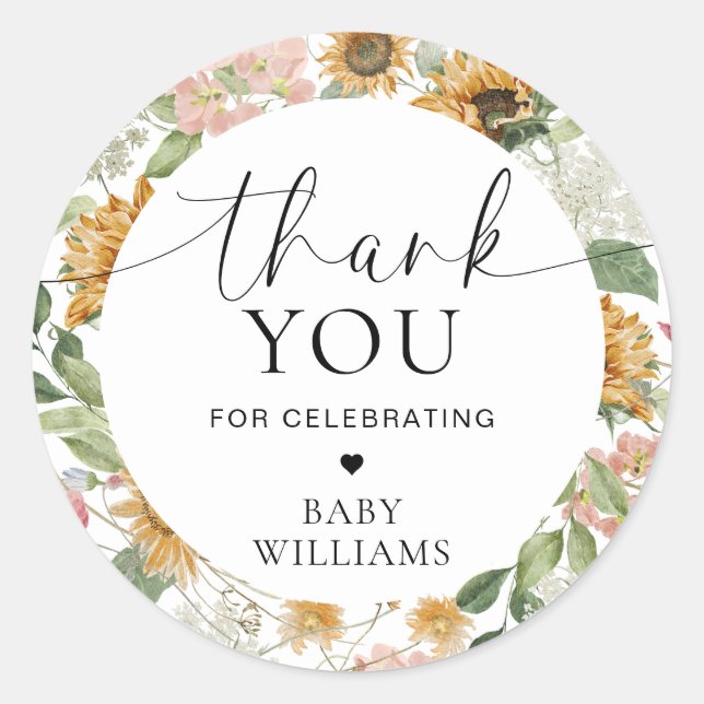 Sticker Rond Mews Tournesol Chute Baby shower Merci Favoriser (Devant)