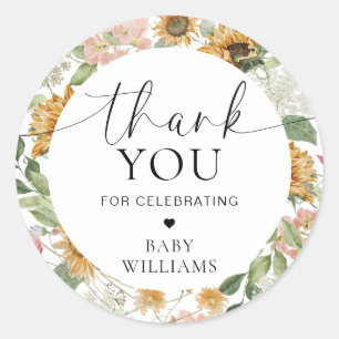 Sticker Rond Mews Tournesol Chute Baby shower Merci Favoriser