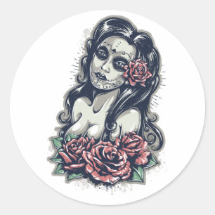 Sticker Rond Mexicain Muertos Lady - Jour des morts