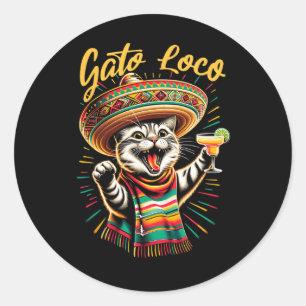 Sticker Rond Mexicaine Gato Loco Sombrero Cat Cinco De Mayo Drô