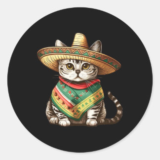 Sticker Rond Mexican Cat Wearing Sombrero Hat And Poncho Cinco 