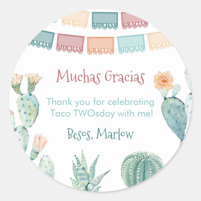Sticker Rond Mexican Fiesta Taco TWOsday THREE-esta Merci (Devant)