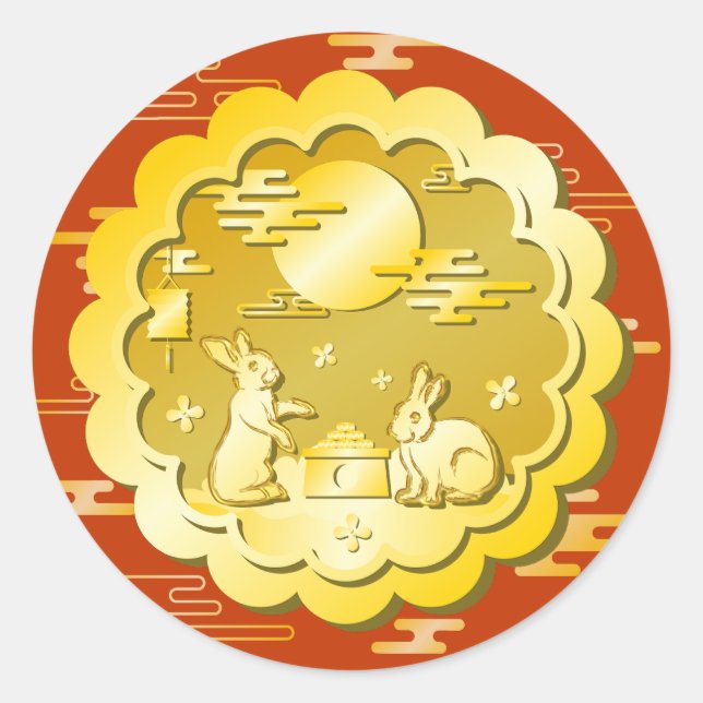 Sticker Rond Mi-automne Festival Gold Mooncake Moon Rabbit (Devant)