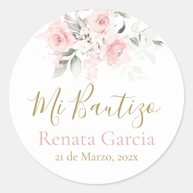 Sticker Rond Mi Bautizo flores rosas (Devant)
