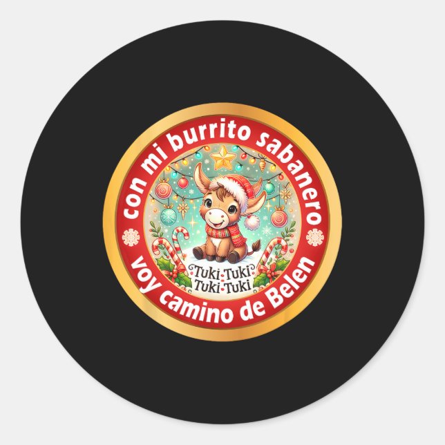 Sticker Rond Mi Burrito Sanero Mexican Christmas Donkey Spanish (Devant)