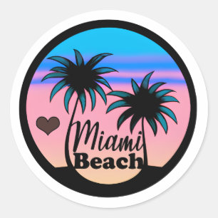 Sticker Rond Miami Beach Bleu et Palmiers roses