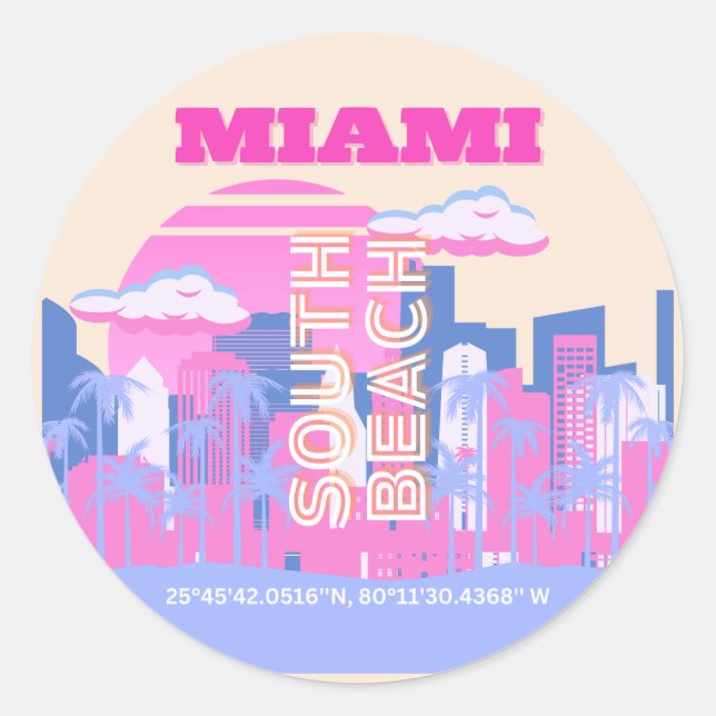 Sticker Rond Miami Beach, Miami Travel Art, Preppy (Devant)