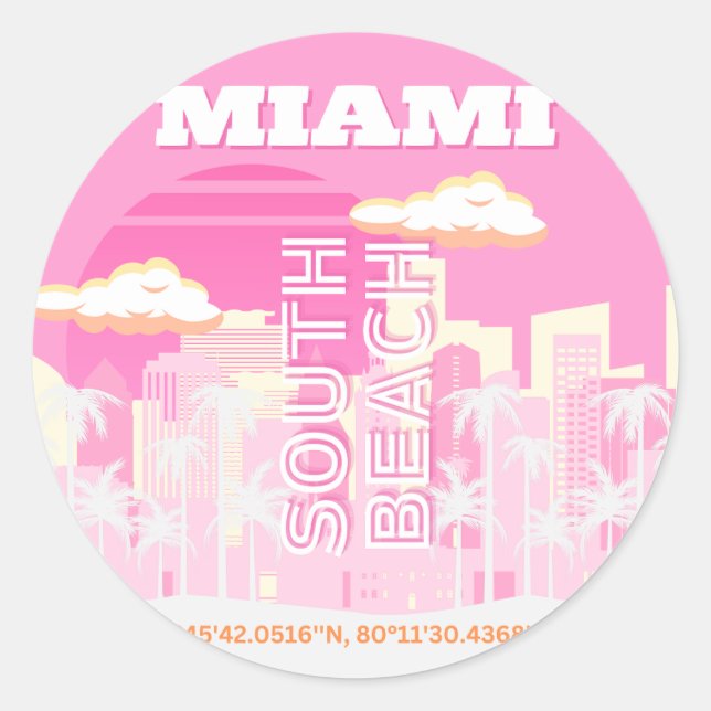 Sticker Rond Miami Beach, Miami Travel Art, Preppy, rose (Devant)