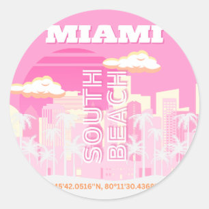 Sticker Rond Miami Beach, Miami Travel Art, Preppy, rose