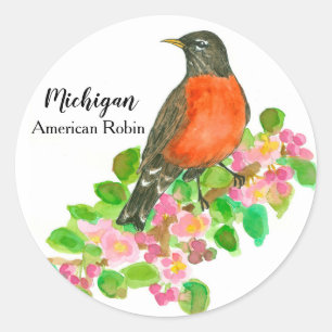 Sticker Rond Michigan Bird American Robin Blossoms