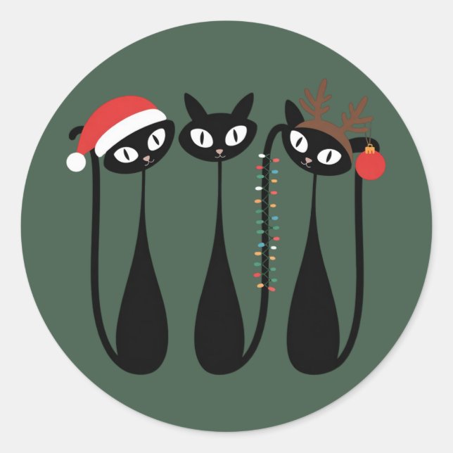 Sticker Rond Mid Century Modern Christmas Cats Retro Classic (Devant)