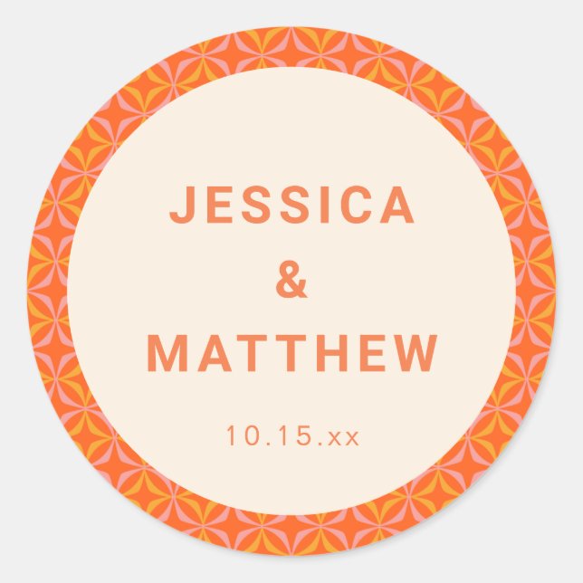 Sticker Rond Mid Century Modern Orange Geometric Custom Wedding (Devant)