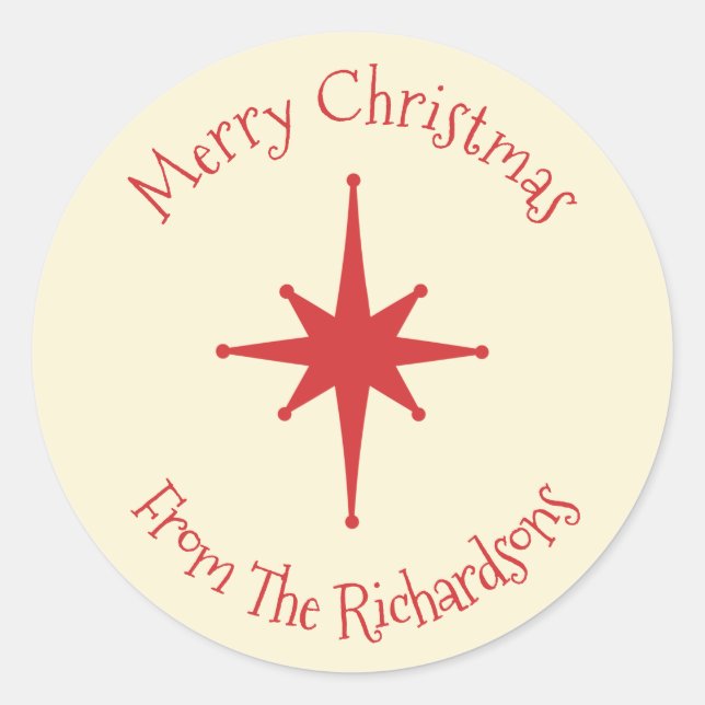 Sticker Rond Mid Century Moderne Rétro Noël Star Crème Rouge (Devant)