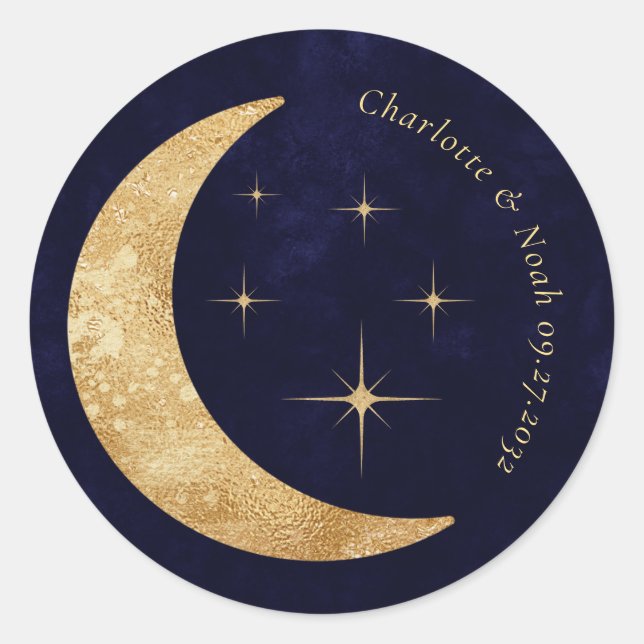 Sticker Rond Midnight Blue Celestial Gold Moon Stars Mariage (Devant)
