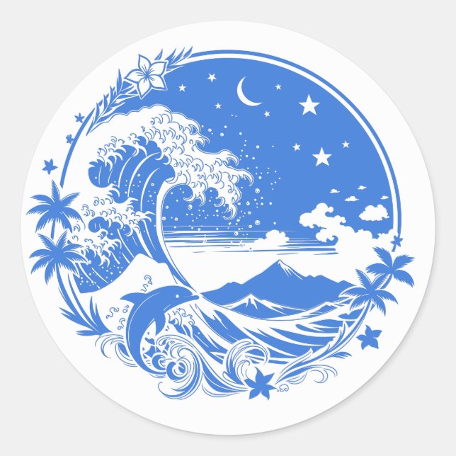 Sticker Rond Midnight Hawaii: Wave, Dolphin & Haleakala (Devant)