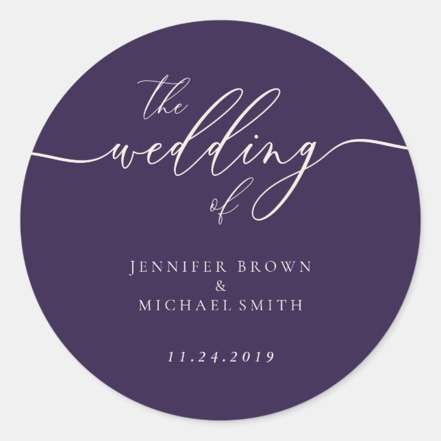 Sticker Rond Midnight Purple Le Mariage Élégant Script (Devant)