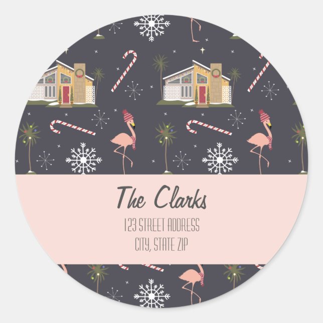 Sticker Rond Midsiècle Christmas House Palm Tree Classe d'adres (Devant)