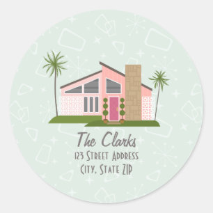 Sticker Rond Midsiècle Retro Rose House Adresse Classic Round