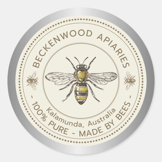 Sticker Rond Miel Abeille Jaune Abeille Frontière Apiary Argent (Devant)