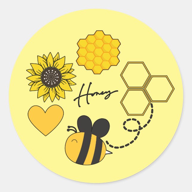 Sticker Rond miel abeille vintage tournesol jaune fleuri (Devant)