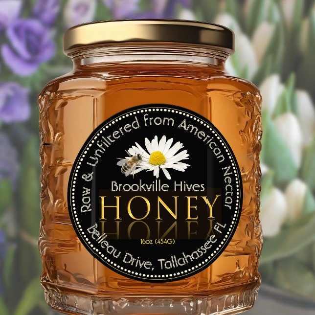 Sticker Rond Miel brut non filtré Or noir avec fleur et abeille (Créateur téléchargé)