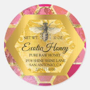 Sticker Rond Miel cru Jar Honeybee Honeycomb Apier Or rose