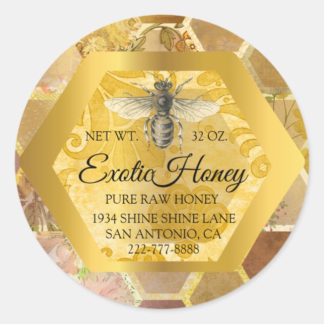 Sticker Rond Miel cru Jar Honeybee Honeycomb Apier Or VIP (Devant)