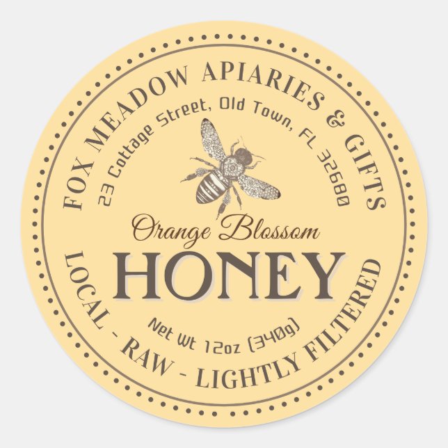 Sticker Rond Miel de Fleur d'Oranger Abeille Volante Bordure Po (Devant)