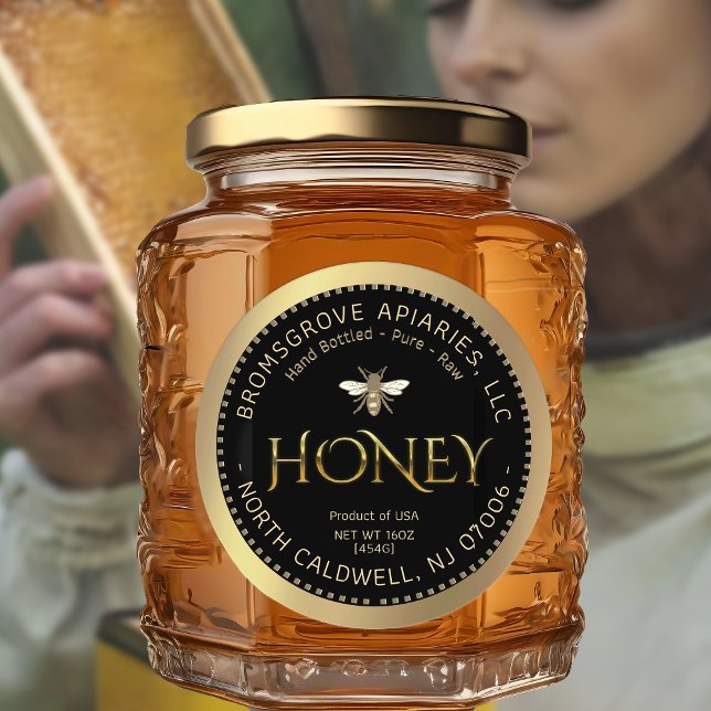 Sticker Rond Miel d'or métallique sur noir avec abeille et fron (Créateur téléchargé)