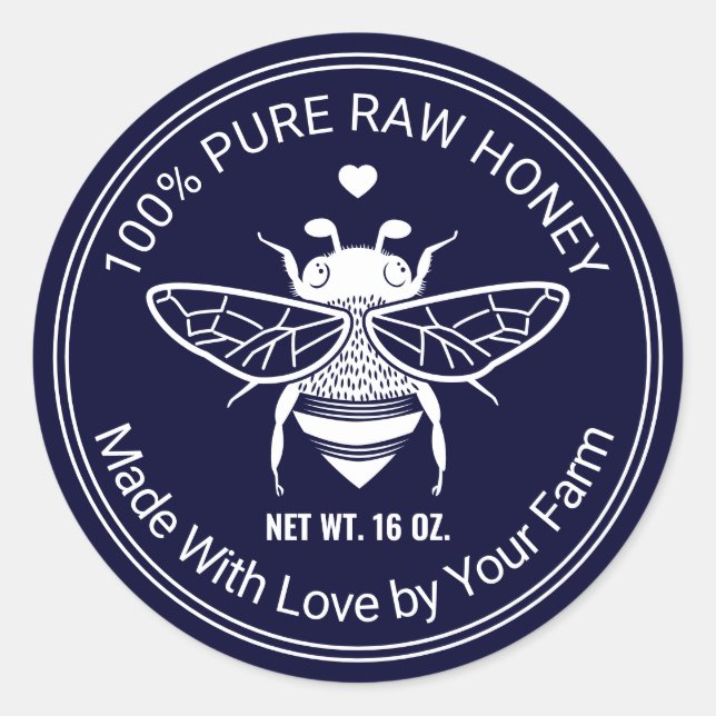 Sticker Rond Miel Jar Bee Apiary Beekeeper Farm Navy Blue (Devant)