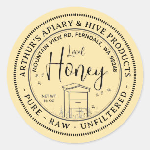 Sticker Rond Miel local avec ruche et abeilles Pure Raw Non fil