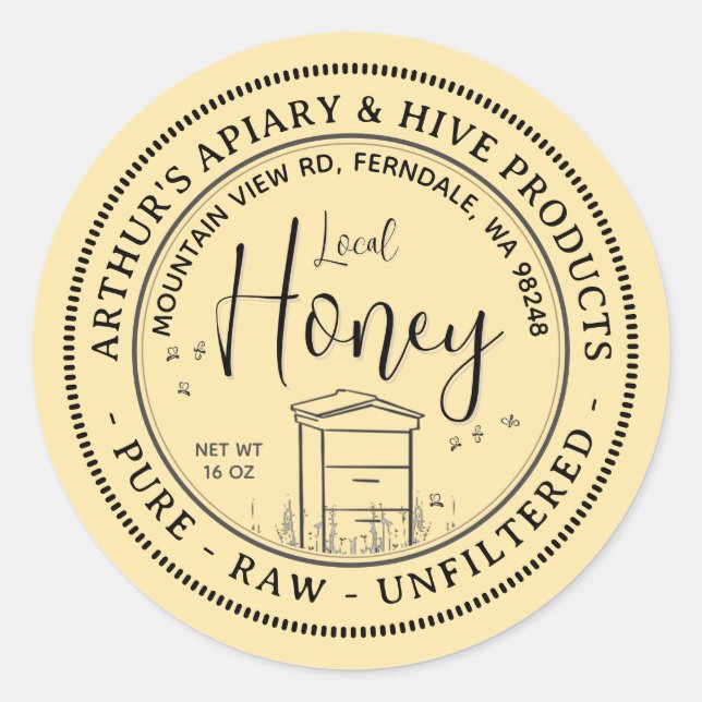 Sticker Rond Miel local avec ruche et abeilles Pure Raw Non fil (Devant)
