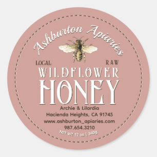 Sticker Rond Miel vintage Classé Rose Pure Miel cru