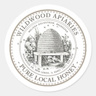 Sticker Rond Miel Vintage Garden Skep Hive avec des petites abe