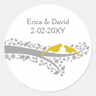 Sticker Rond mignon arbre jaune lovebirds mariage faveurs autoc