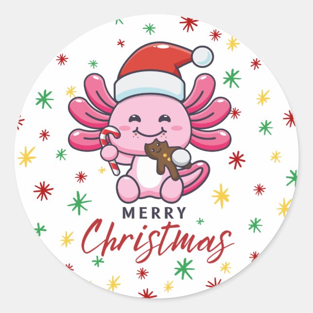 Sticker Rond Mignon Axolotl avec Santa Hat Kawaii Style (Devant)