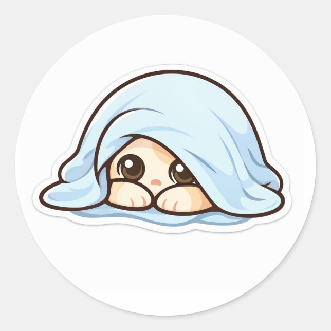Sticker Rond Mignon Bébé Kawaii Timide Sous La Couverture – Dou (Devant)