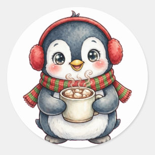 Sticker Rond Mignon Cache-Oreilles De Manchot Au Chocolat Chaud