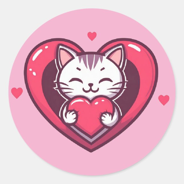 Sticker Rond Mignon Chat Blanc avec Design de Kawaii Kitty Love (Devant)