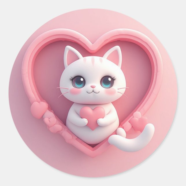 Sticker Rond Mignon Chat Blanc avec Design Kawaii Kitty Love (Devant)