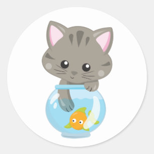 Sticker Rond Mignon Chat Dame Folle de Chat Mignon Petit Poisso