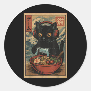 Sticker Rond Mignon Chat de Joueur Kawaii Drôle Ramen Rétro Jap