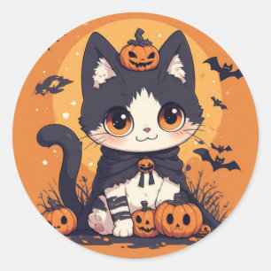 Sticker Rond Mignon Chat Kawaii Halloween Avec Des Citrouilles