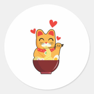 Sticker Rond mignon Chat manger Ramen nouilles, Cadeau Amoureux