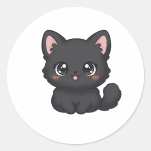 Sticker Rond Mignon Chat Noir Chibi Kawaii Langue