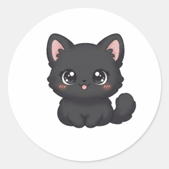 Sticker Rond Mignon Chat Noir Chibi Kawaii Langue (Devant)
