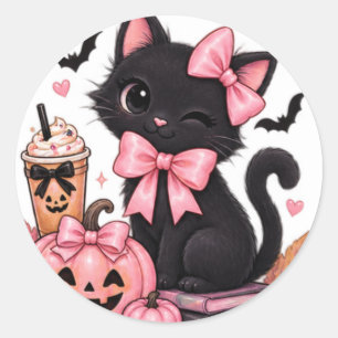 Sticker Rond Mignon Chat Noir Coquette Halloween avec des Ruban